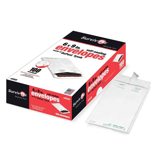 Quality Park Survivor Shipping Envelopes, 6" x 9", Made with Strong, Lightweight DuPont Tyvek Material, Flap-Stik Peel and Seal Closure, 100/Box (QUAR1320), White