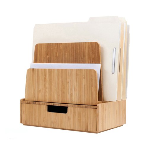 Desktop Paper Tray File Folder Holder 5-Slot, & Bamboo Drawer Set; Storage for Office Supplies & Stationary items, pens, pencils, scissors, notepads, business cards and more