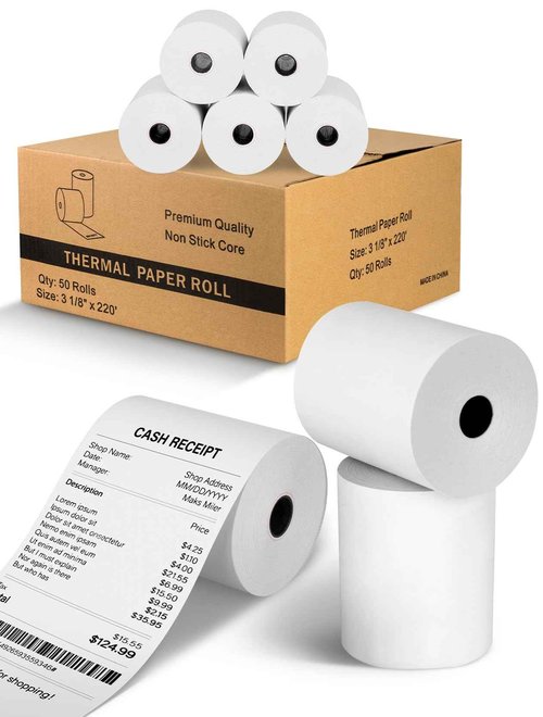UMT Plastar Premium 3 1/8" x 220' Thermal Paper Receipt Rolls, BPA-Free, Pack of 50, Compatible with POS, Credit Card Terminals, Receipt Printers, Universal Fit