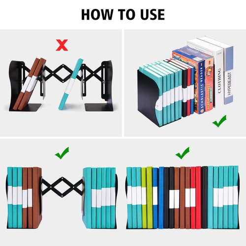 2PCS Adjustable Bookends, Metal Book Ends for Heavy Book, 2 Dividers, Nonslip Book Stander for Desk, Shelf, Office, Stationery Gift, Extends up to 19 inches (Black)