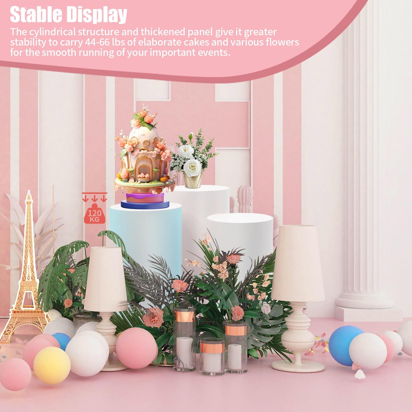 3 Pcs Cylinder Pedestal Stands, White Metal Cylindrical Display Stands Dessert Cake Table Display Pillars, DIY Fun Simple Elegant Round Plinth Pillar for Wedding Baby Shower Birthday Event Decor