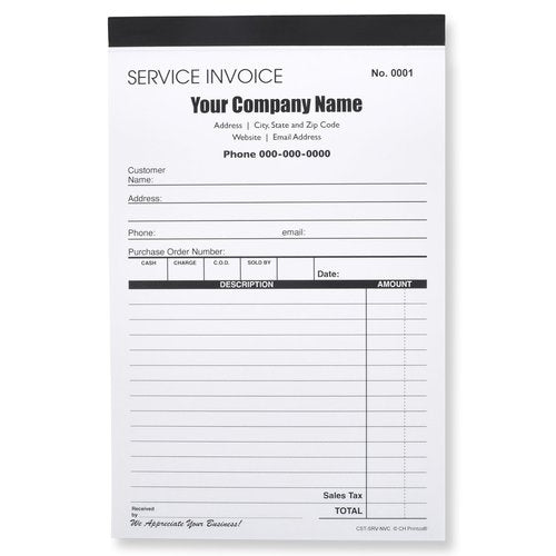 Custom Service Invoice Carbonless Form with Your Company Name - 2 Books (100 Sets) Numbered