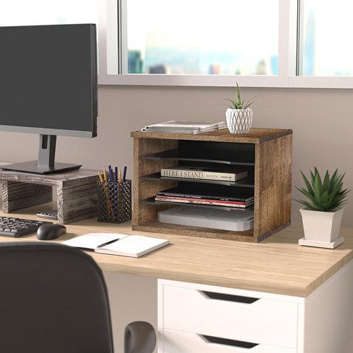J JACKCUBE DESIGN Rustic Wood Desk Organizer - 4 Compartment File Holder for Home & Office | Document Storage & Mail Tray