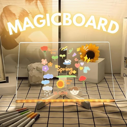 Kivvy Magic Board,Luminous Acrylic Message Board with 7 Color Markers Pen,Clear Drawing Board with Light for Memo/Office/Festival/Gift (20CM X 20CM)