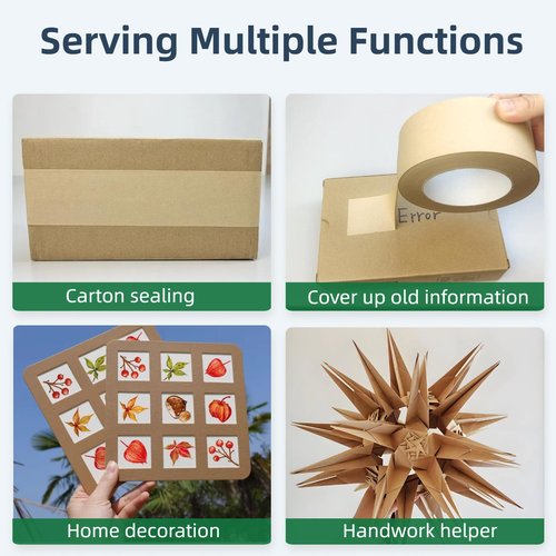 Hijelyn Eco-Friendly Brown Packing Tape 2 Rolls Recyclable Kraft Paper Tape for Moving & Shipping Boxes, Odorless and Quiet, Carton Sealing Storage Packaging Supplies, 2 Inch x 66 Yards/per roll