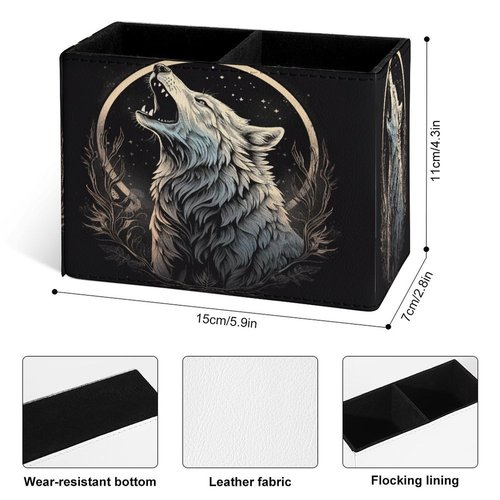 Famame Howling Wolf Moon Pencil Holder for Desk, Leather Desktop Container Pen Cup Storage Study Table Pen Organizer Makeup Brush Holder for Classroom Office Home