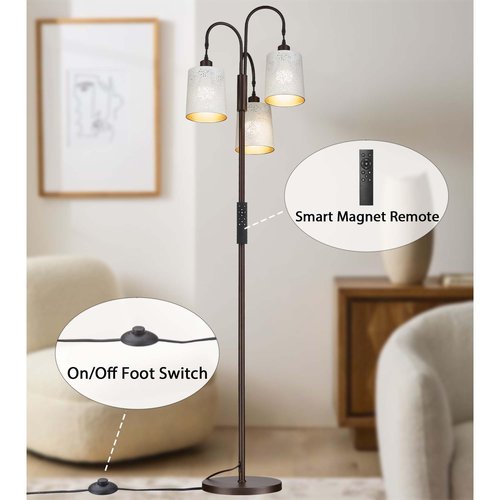 Casia Metal dimmable Floor lamp with Remote Control, Industrial 3-Lights Dimmable Tall Standing Lamp with 3pc LED Bulb, Tree Floor Lamps for Living Room, Bedroom, Study Room and Office (White, 1PC)