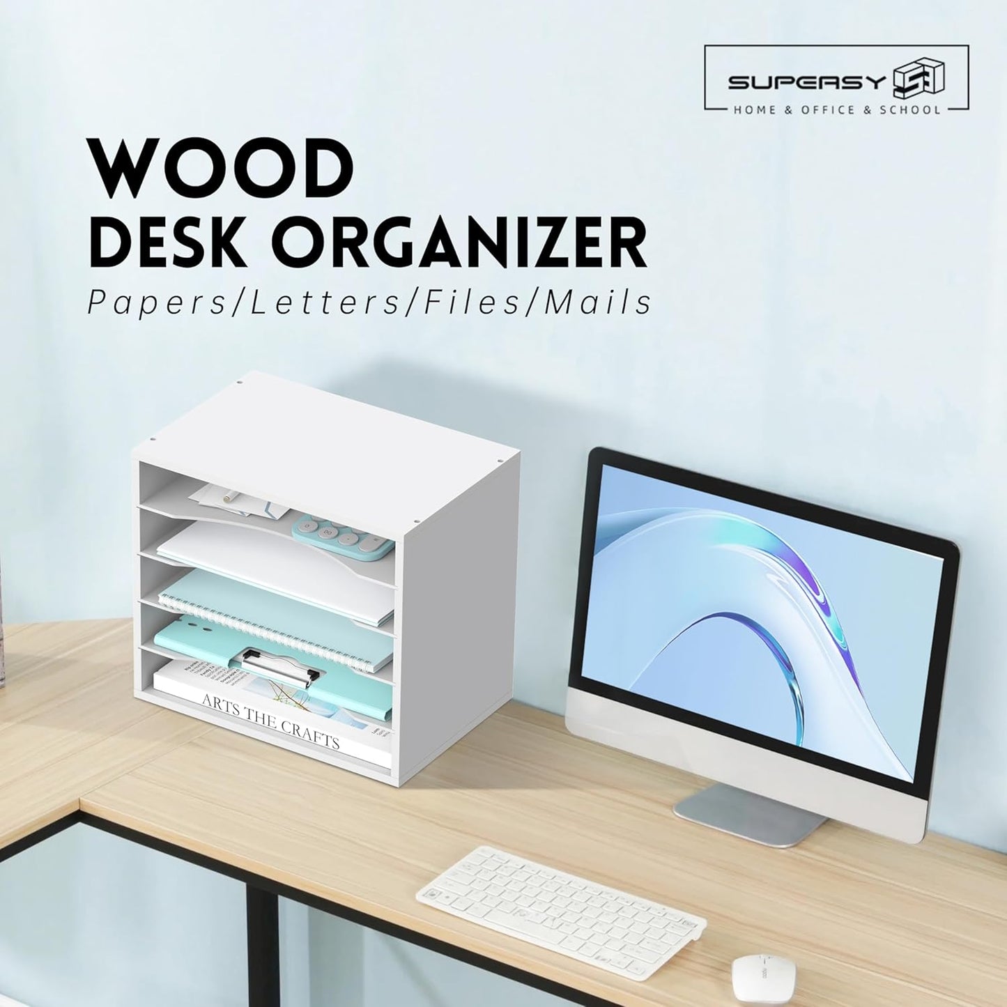 SUPEASY Wood Desk Organizer - 5-Tier Paper File Sorter for Office & Home | Elegant White Design