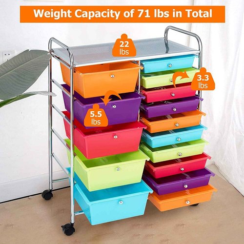 Topment Plastic Boxes 15 Drawer Rolling Organizer Cart Utility Storage Tools Scrapbook Paper Multi-Use