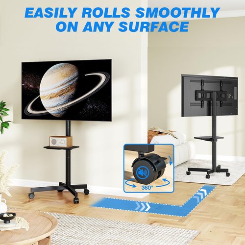 Rolling TV Stand with Shelf for 23-60 inch TVs up to 88lbs, Portable Mobile TV Cart with Silent Wheel, Tilt & Height Adjustable Universal Corner TV Stand for Bedroom, Living Room, Office