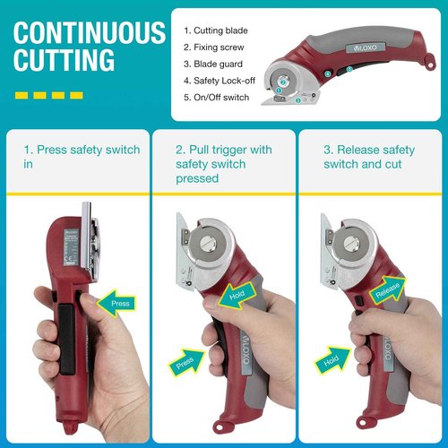 VLOXO Cordless Electric Scissors, Rotary Cutter for Fabric with Safety Lock Red and Replacement Blades