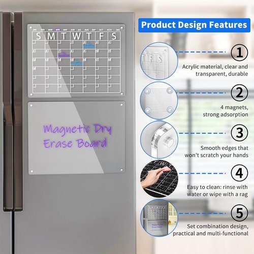 AITEE Acrylic Magnetic Dry Erase Board Set - Clear Refrigerator Calendar & Planner | 16"x12" with 6 Markers