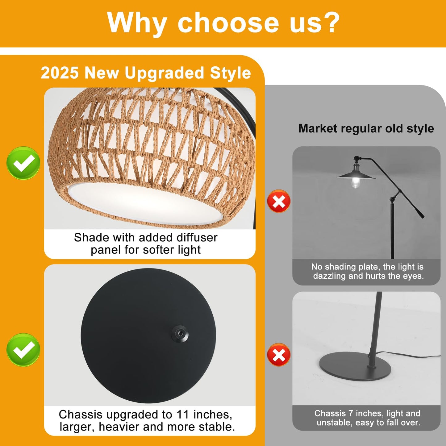 DRAWNCAT Boho Rattan Floor Lamp with Shade – 12W Bright Dimmable LED Bulb, Remote Control 3 Color Temperatures, Modern Farmhouse Handwoven Arc Standing Light for Living Room Bedroom