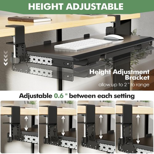 Height Adjustable Keyboard Tray Under Desk Slide Out, 27(33 Including Clamps)*11 Inch, Ergonomic Keyboard & Mouse Drawer Extender Holder, Sturdy C-Clamp Mount, for Home, Office, Black