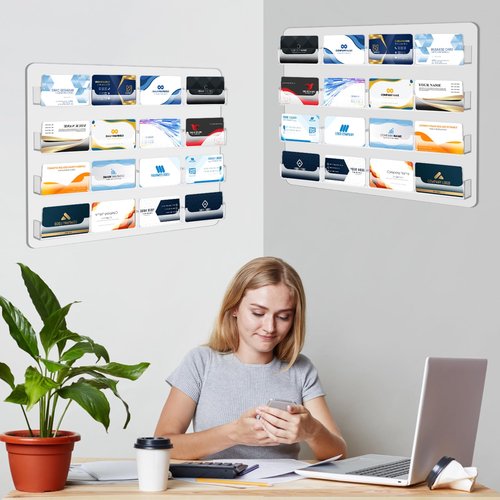 MAQUITA Business Card Holder Wall Mount Clear Sticker Display Marketing Holder Acrylic Business Card Stand Multi Pocket Rack Organizer Space Saver for Home Office