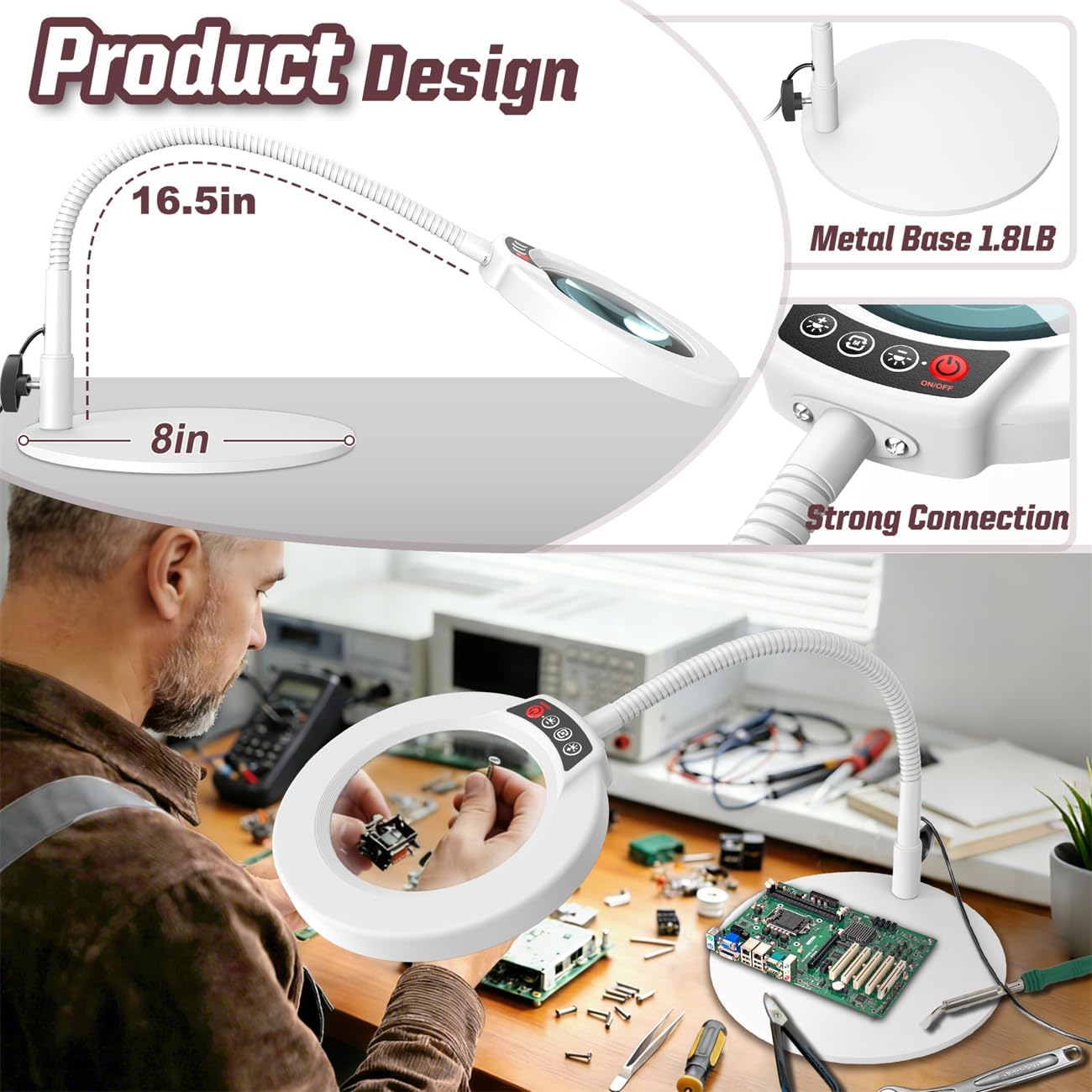 10X Magnifying Glass - LED Lighted Desk Lamp with Flexible Goose-Neck & 5 Color Modes - White