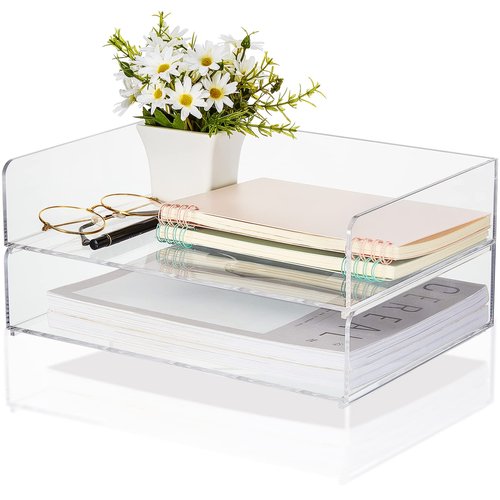 Yulejo 2 Pcs 12.4 x 8.74 x 2.68" Acrylic Desk Organizers Accessories Paper Storage Tier File Office Organizer Tray Stackable Document Clear Desk Accessories for Office Workspace Organization