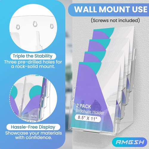 AMGSH 2 Pack 4 Tier Brochure Holder 8.5” x 11” Acrylic Literature Holder with Removable Divider for 4” x 9” Brochure, Clear Flyer Holder Pamphlet Display Stand