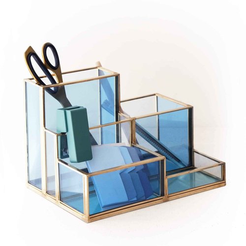 FONDAZZA Set of 3 Gold Desk Organizers for Home Office Supplies, Gold Brass and Blue Glass, 1 Each of 5, 4 & 2-Compartment Storage for Stationery, Cosmetic, makeup tools and Brush.