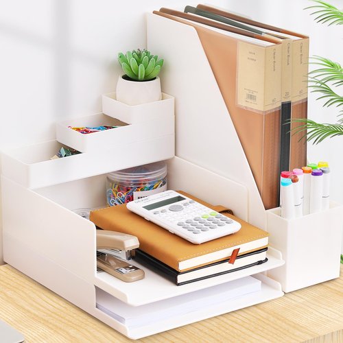 Idealiveny Stackable-File-Organizers for Office Supply Organizers with 2-Tier Paper Letter Tray Plastic File Holder Document Organizers Pen Holder and Drawer Bins for Office Desktop Organizer