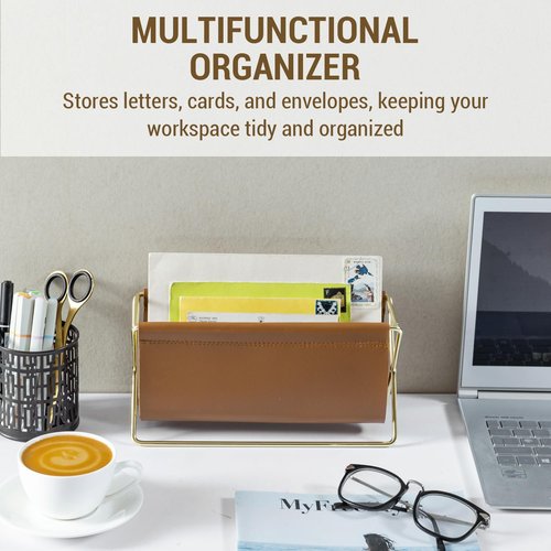 MyGift 10 Inch Mid Century Caramel Leatherette Mail Sorter Letter Holder Rack with Brass Tone Metal Frame, Faux Leather Sling Style Office Desk Card Envelope Organizer Stand