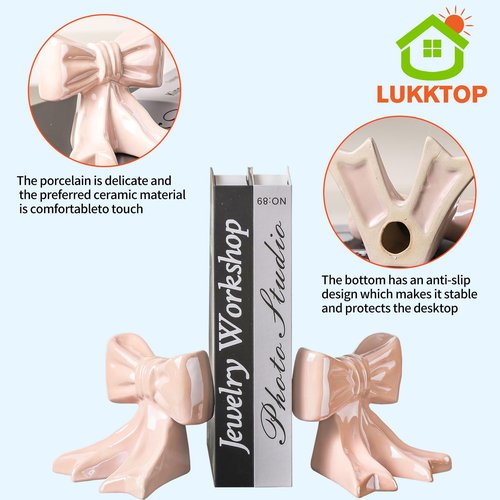 1 Pair Bow Bookends,Ceramic Book Ends Cute Sculpture,Unique Statues Decorative Tabletop Ornament Room Decor for Home Dorm Wall Desk Shelf (Pink)
