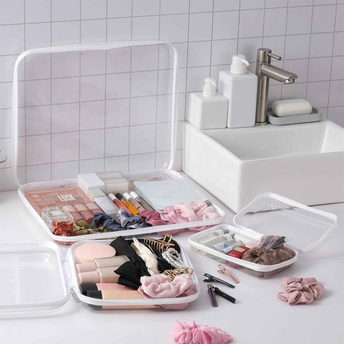 RAMFIYN 3 pack 12" Clear Zipper Pouches Portable Hard Shell Ccosmetic Case Plastic Storage Bag for Organizing