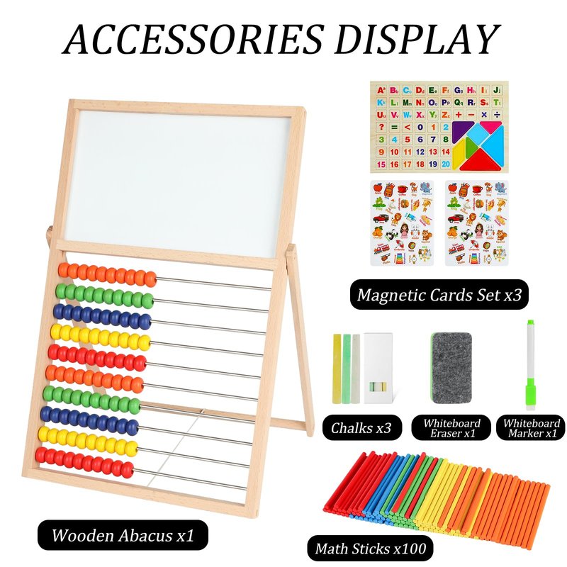 Sariiraw Wooden Abacus for Kids Math – Double-Sided Drawing Board with 100 Counting Sticks, 3 Sets Cards, Clock & Accessories, Educational Learning Toy for Ages 3-8, Homeschool & Preschool Essentials