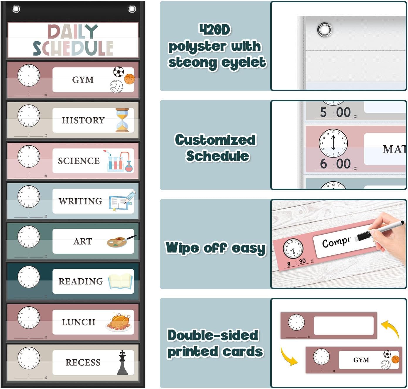 Skiennix Monthly Calendar Pocket Chart - Classroom Learning Tool with Days of the Week Cards | Black Design