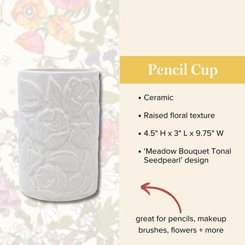 Vera Bradley Cute Pencil Holder for Desk with Raised Floral Design, Ceramic Office Desk Organizer, Meadow Bouquet Tonal Seedpearl
