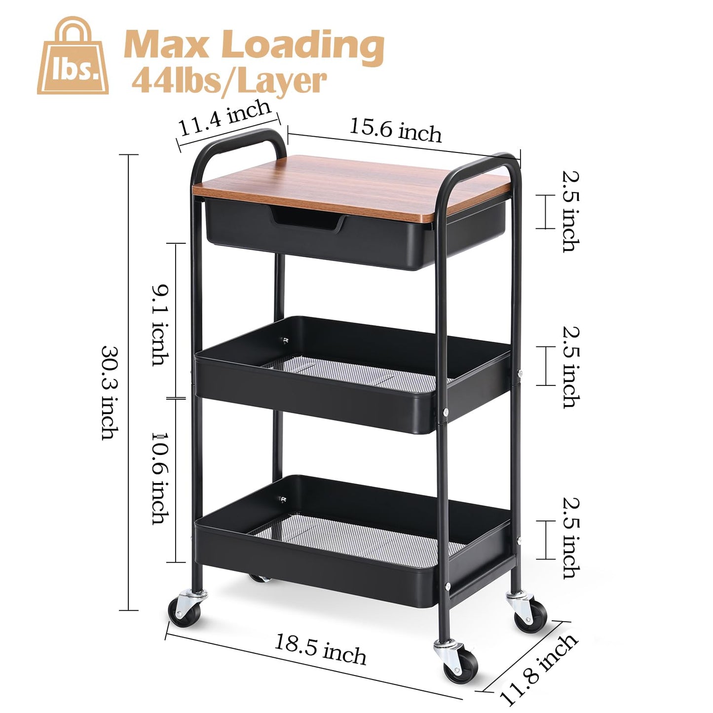 TOOLF 3-Tier Utility Rolling Cart with Wooden Board and Drawer, Metal Storage Cart with Handle, Black Trolley Kitchen Organizer Rolling Desk with Locking Wheels for Office, Classroom, Home, Bedroom
