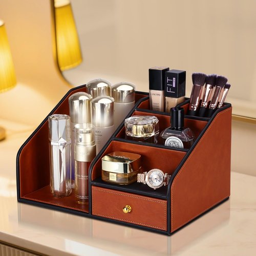 KINGFOM Desk Organizer - Multifunctional 6 Compartment PU Leather Holder for Office Supplies | Brown