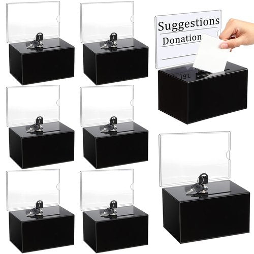 8 Packs Acrylic Donation Box with Lock and Sign Holder Clear Suggestion Ballot Box Plastic Voting Comment for Tip Jars Ticket Charity Survey Raffle Contest Fundraising, 6.1 x 4.3 x 3.8 Inch(Black)