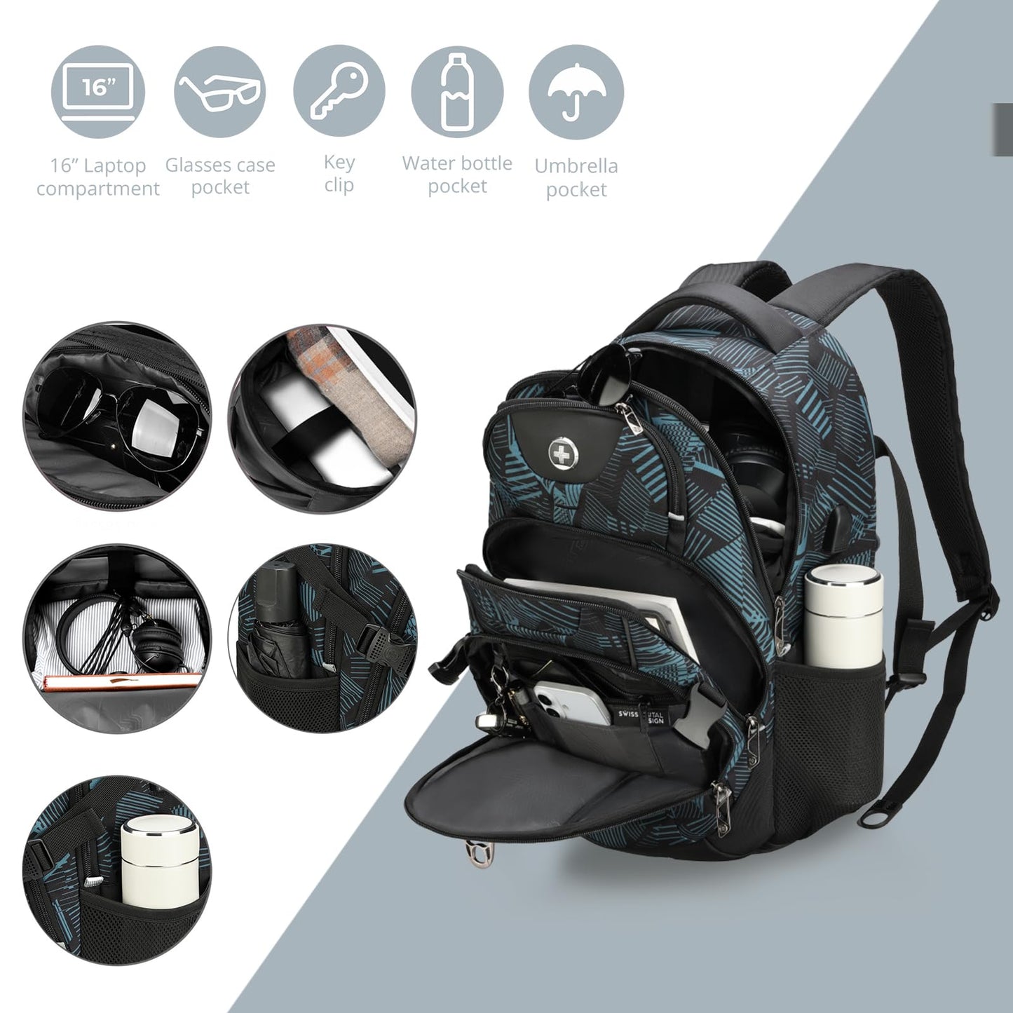 Swissdigital Laptop Backpack with USB Charging Port, Travel Backpack Fits 15.6 inches Computer, 31L Backpack for Men, Dark Green | SD803-96