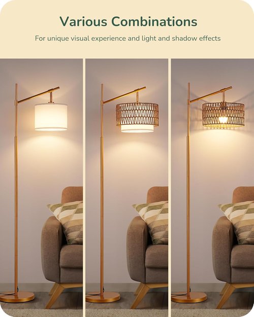 EDISHINE Rattan Arc Floor Lamp - Dimmable LED with Remote & Adjustable Wicker Shades | Gold Farmhouse Design