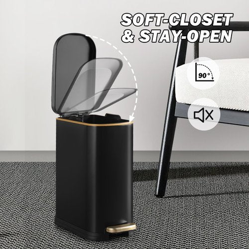 SYNCVIBE Bathroom Trash Can with Soft-Close Lid 3.5 Gallon Stainless Steel Garbage Can with Removable Inner Bucket Slim Trash Bins for Bedroom, Office (Matte Black)