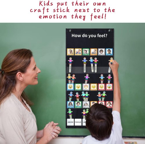 Boczif Emotions Feelings Pocket Chart - 24 Cards for Social Emotional Learning | Classroom Decor (Black)