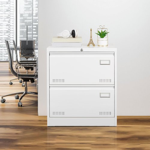Ball & Cast 2 Drawer Lateral File Cabinet with Lock and Card Holder, Multifunctional Metal Filing Cabinets w/Heavy 3 Section Slide Rail & Breathable Holes,for Legal/Letter/A4,White