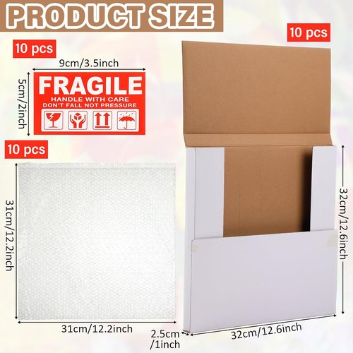 Janlaugh Vinyl Record Mailers - 10 Sets of Easy Fold Shipping Boxes with Fragile Stickers | 12.6 x 12.6 x 1 Inches
