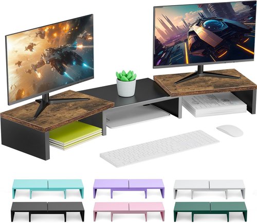 OUTIOE Dual Monitor Stand for Desk, Wooden Monitor Riser, Desk Shelf for Top of Desk, Computer Stand for Home and Office Use (Wood)