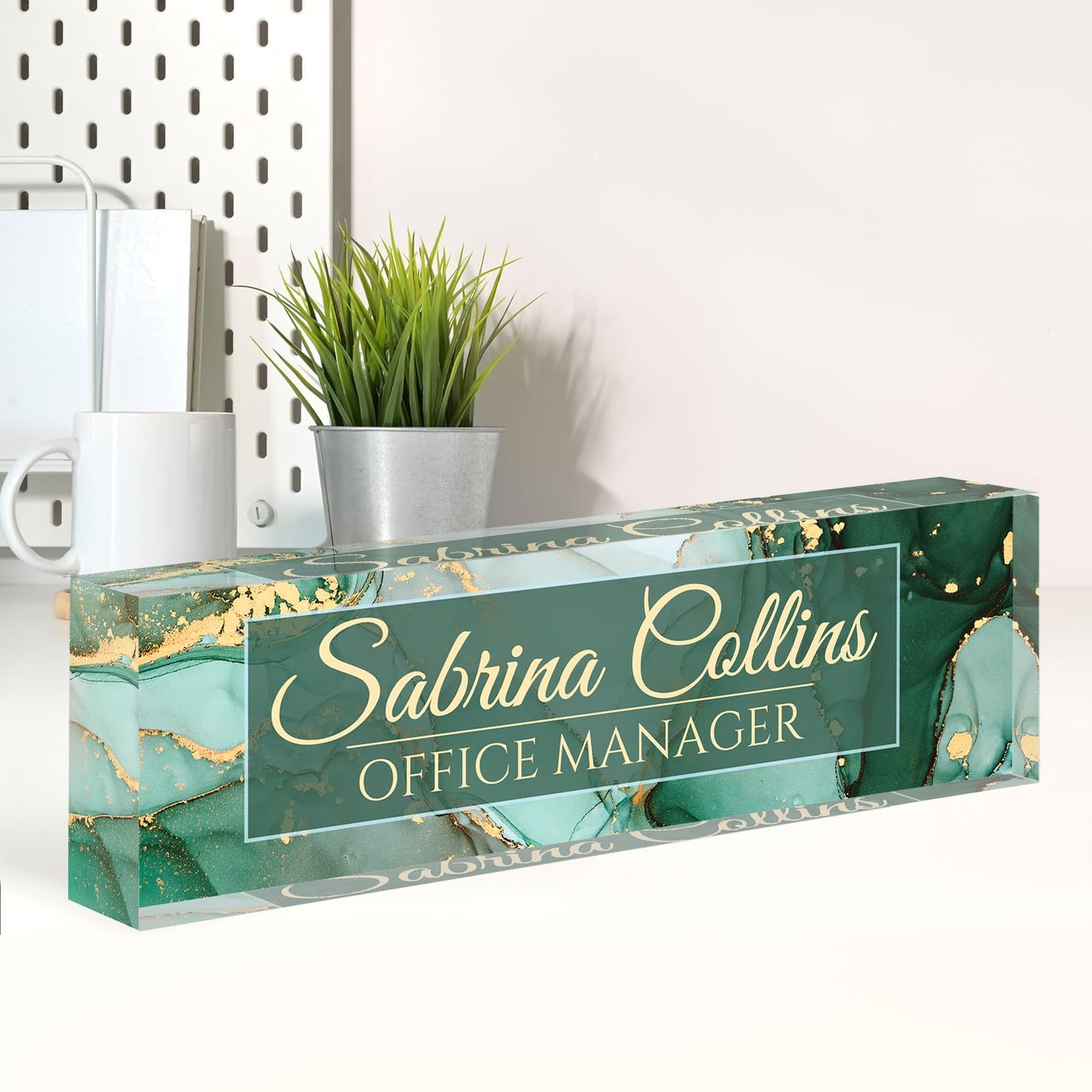 Name Plate for Desk, Desk Name Plate Personalized, Office Decor for Women Men, Acrylic Desktop Accessories, Office Gifts for Boss Nurse Teacher Coworker, Employee Appreciation Gift (Green Coast B)