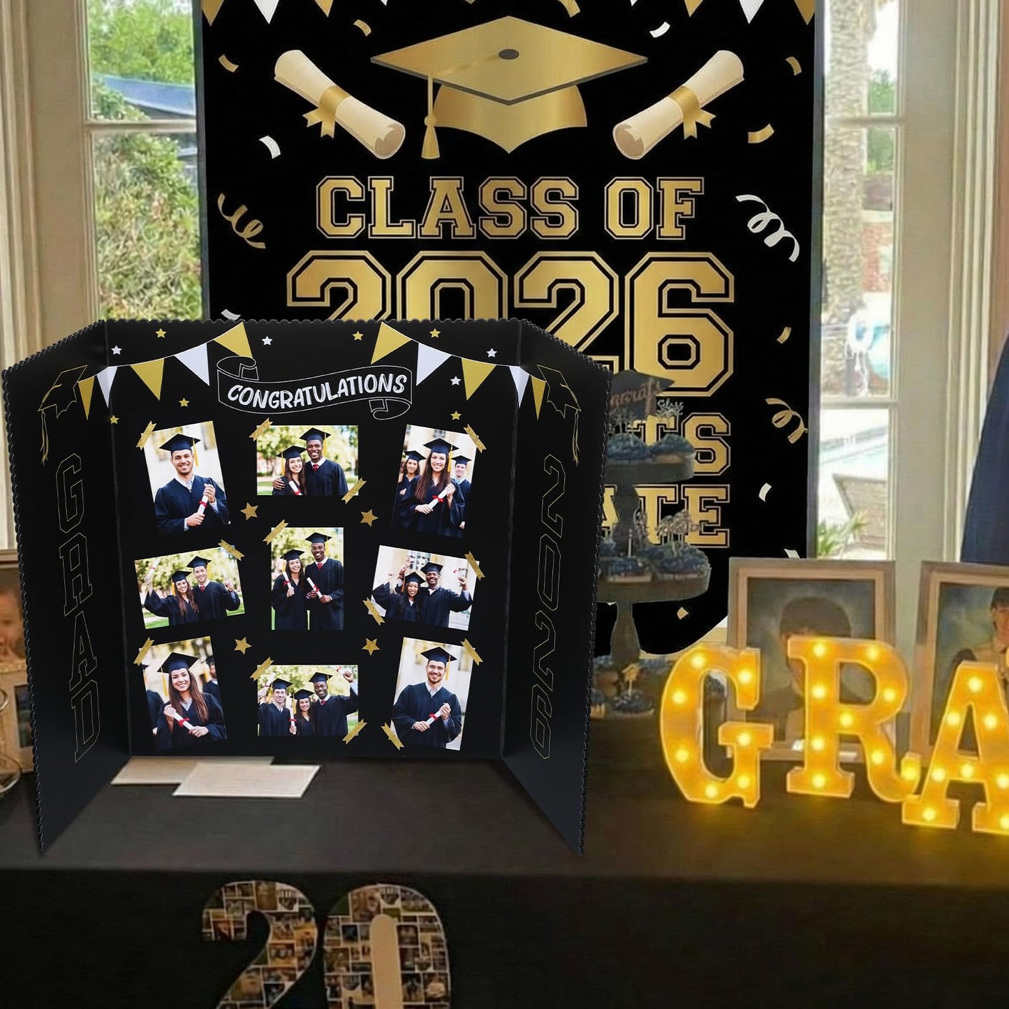 Epakh 2026 Graduation Trifold Poster Board 33 x 20 in Black Gold Senior Night Photo Display Board for Class of 2026 Graduation Photo Frames Picture Display for Grad Party Gift Table Decor