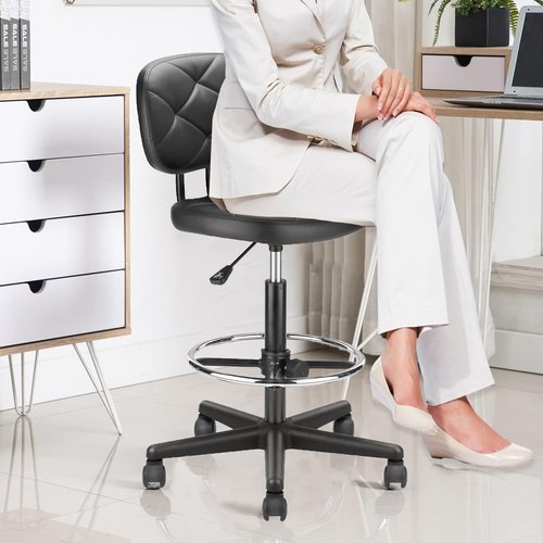 KLASIKA PU Leather Rolling Stool with Foot Rest and Back Support, Adjustable Diamond Upholstered Drafting Chair with Wheels, Multi-Purpose Desk Chair for Home Office Bar Kitchen Shop, Black (1PK)