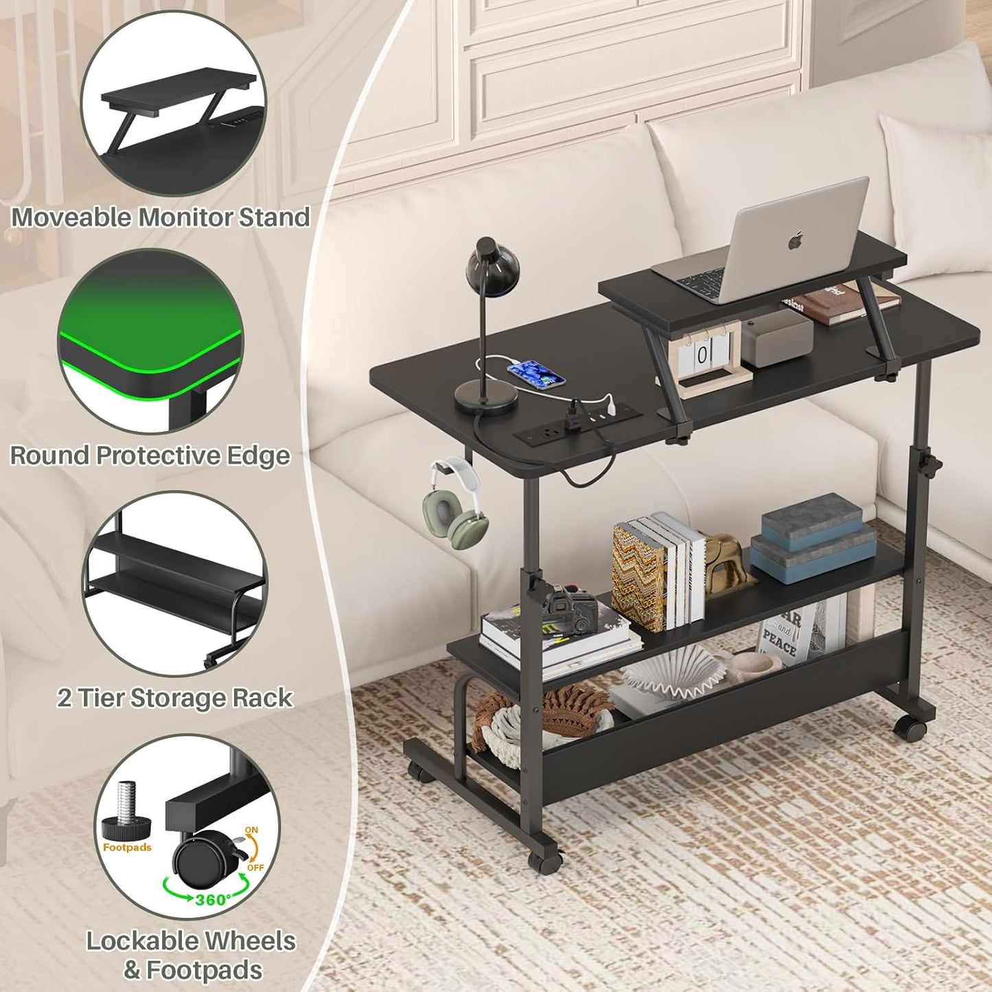 Skiennix Height Adjustable Standing Desk - 32" Manual Desk with Power Outlets & LED Lights | Portable Black Laptop Table