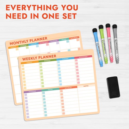 Magnetic Whiteboard Calendar for Fridge – 2-Pack Monthly & Weekly Planners (14”x12”) – Dry Erase Boards with Notes Section, Shaded Dates – Includes 4 Markers & Magnetic Eraser