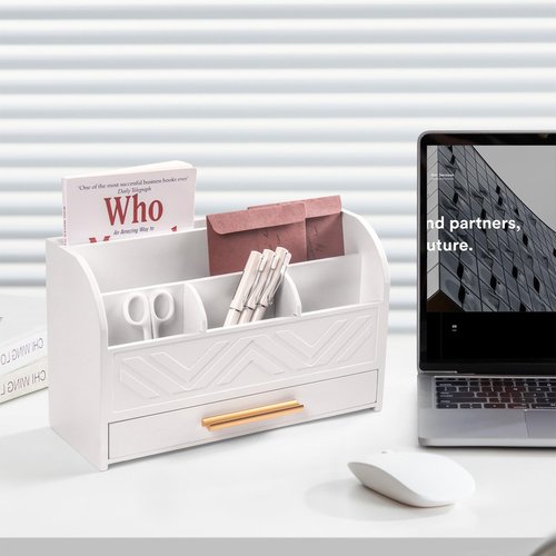 Mail Organizer Countertop Kitchen-White Mail Holder Countertop Drawers Wood Desk Drawer Tabletop Storage Organization Pen Holder Letter Sorter Makeup Organizer for School Home Office Supplies