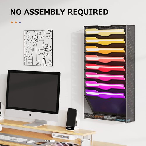 10-Tier Hanging Wall File Organizer Wall Mounted File Holder Document Wall Organizer for Office Organization and School Storage (No Assembly Required) (10 Tier Black)