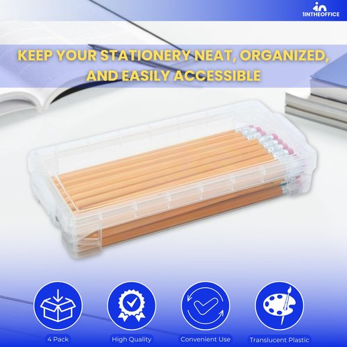 1InTheOffice Pencil Box, Stackable Translucent Clear 8.25 x 1.5 x 4 Inches, (4 Pack)