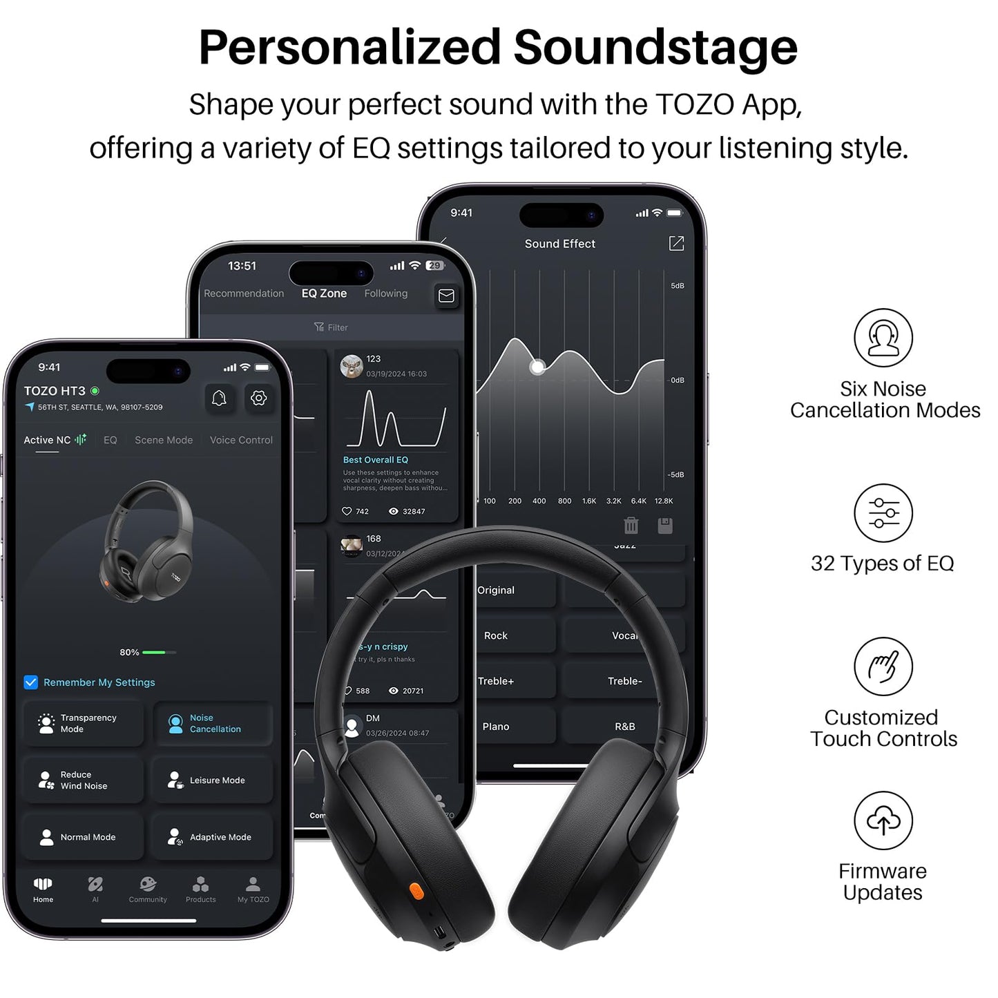 TOZO HT3 Hybrid Noise Cancelling Headphones, 90H Battery Life Wireless Over Ear Bluetooth 6.0 Foldable Headset, AI Voice Assistant with 5 Mics, Connect 2 Devices and Hi-Res Sound, 32 EQ Audio Presets