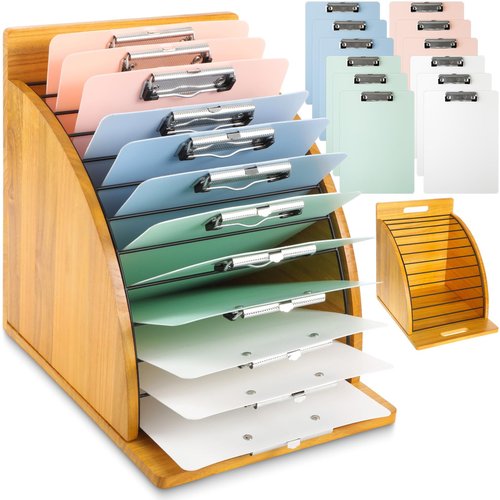 Seajan 13 Pcs Wooden Clipboard Holder Set Include 1 Organizer with Raised Side Panel 12 A4 Letter Size 12'' Plastic Clipboards for Classroom Office School Teacher Assembly Required(Morandi)